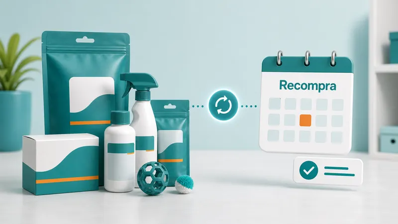 Produtos recorrentes com calendário de recompra e pedido confirmado.