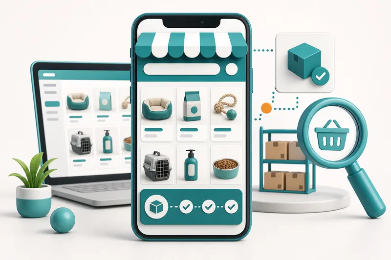 Loja virtual com produtos, lupa de busca e estoque conectado.
